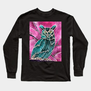 Boho Owl turquoise on pink Long Sleeve T-Shirt